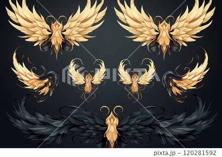 Set of angel wings on a black background. 120281592