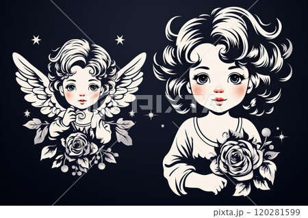 A small painted angel on a black background with flowers in his hands. 120281599