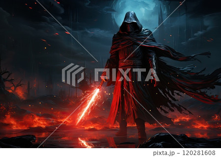 A scary mystical warrior in a cloak with a hood holds a sword with a red light in his hands. 120281608