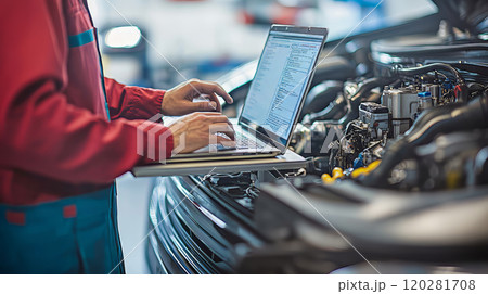 Auto mechanic diagnosing car engine using laptop 120281708