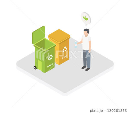 Electronic garbage isometric composition with human character putting various types of waste in separate trash bins vector illustration Electronic garbage isometric composition with human character putting various types of waste in separate trash bins vector illustration 120281858