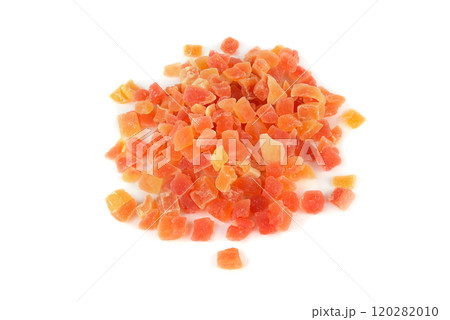 Dried pieces of papaya, close-up, isolated on white. 120282010