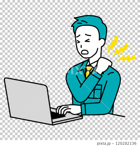 Male worker suffering from stiff shoulders while working on a laptop Male worker suffering from stiff shoulders while working on a laptop 120282136