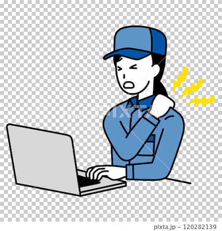 A woman in overalls suffering from stiff shoulders while working on a laptop 120282139