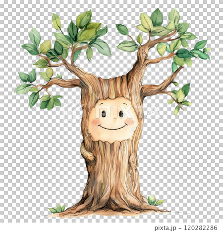 Watercolor Illustration of a Cozy Treehouse with a Chimney, Whimsical Fantasy Design on Transparent Background 120282286