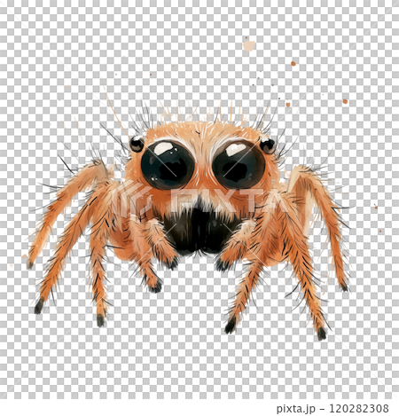 Watercolor Illustration of a Cute Jumping Spider with Big Eyes, Whimsical Insect Design on Transparent Background 120282308