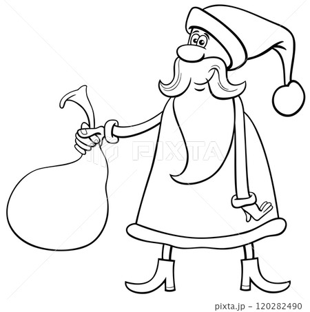 comic Santa Claus character with sack of gifts coloring page 120282490