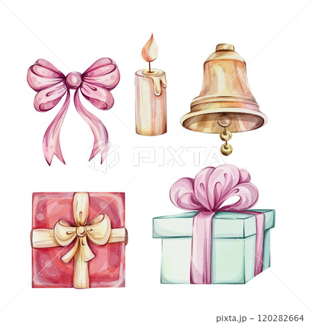 Watercolor Christmas clip art with gifts, bell, bow, candle. Xmas collection for design. Hand painted illustrations, isolated on white background 120282664