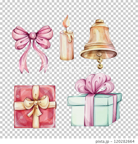 Watercolor Christmas clip art with gifts, bell, bow, candle. Xmas collection for design. Hand painted illustrations, isolated on white background 120282664