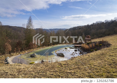 Ice on natural swimming pool filtering water without chemicals, sunny freezing day Ice on natural swimming pool filtering water without chemicals, sunny freezing day 120282786