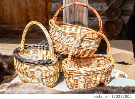Handmade wicker baskets ready for sale at the local market Handmade wicker baskets ready for sale at the local market 120282806