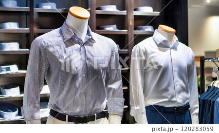 Various stylish mannequins displaying trendy clothing in boutique. 120283059