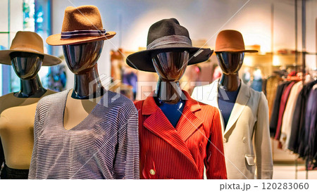 Various stylish mannequins displaying trendy clothing in boutique. 120283060