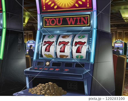 Winning moment on a colorful slot machine with three sevens at a busy casino. 120283100