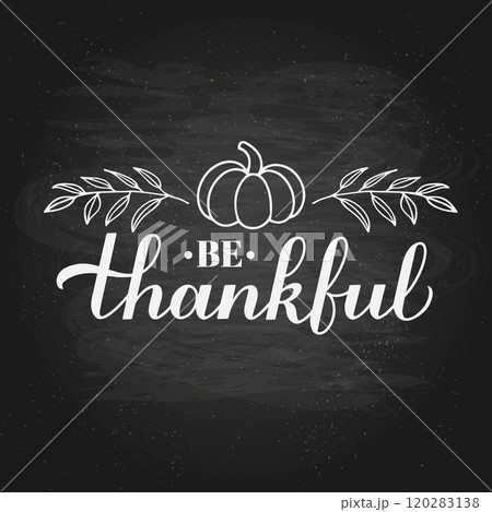 Be Thankful calligraphy hand lettering on chalkboard background. Thanksgiving Day inspirational quote. Vector template for greeting card, typography poster, banner, flyer, etc. 120283138
