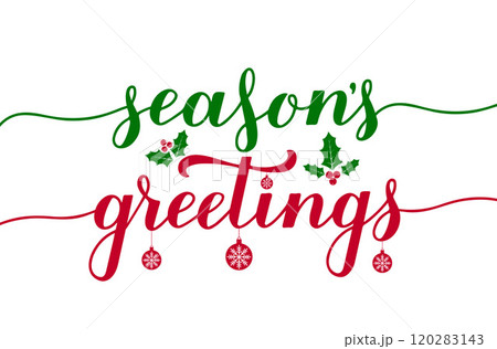 Seasons Greetings calligraphy hand lettering isolated on white. Merry Christmas and Happy New Year greeting card. Vector template for typography poster, banner, flyer, sticker, etc. 120283143
