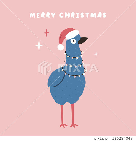 Christmas Greeting Card with Adorable Emu Bird Character Wrapped in Garland 120284045