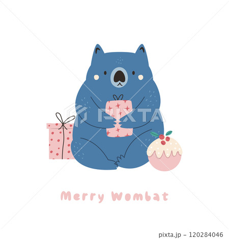 Christmas Greeting Card with Wombat Character Sitting with Presents Christmas Greeting Card with Wombat Character Sitting with Presents 120284046