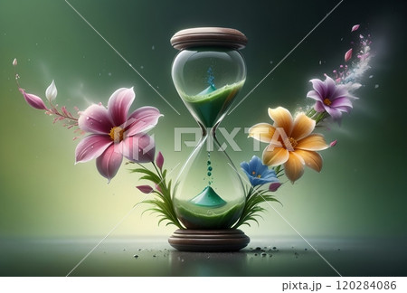 abstract background of colorful bright flowers and petals and hourglass 120284086