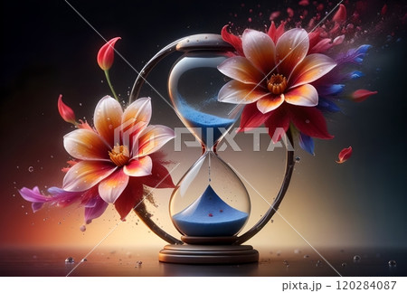 abstract background of colorful bright flowers and petals and hourglass abstract background of colorful bright flowers and petals and hourglass 120284087
