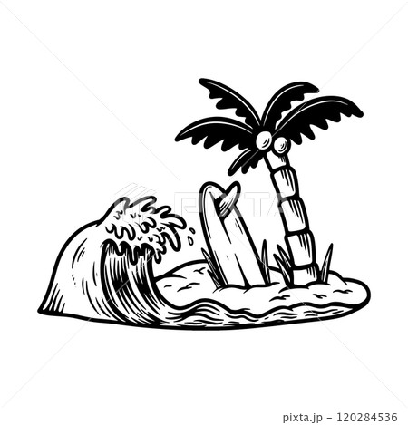 Illustration of palm with wave and surfing deck. Vector illustration Illustration of palm with wave and surfing deck. Vector illustration 120284536
