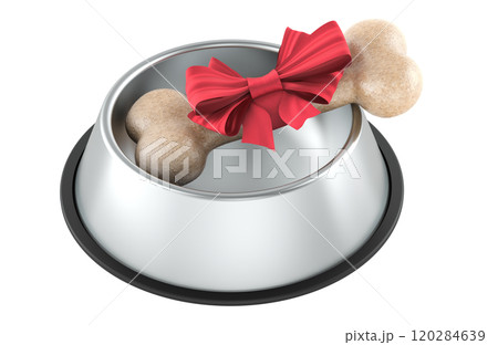 Dog bone with red bow inside bowl, 3D rendering Dog bone with red bow inside bowl, 3D rendering 120284639