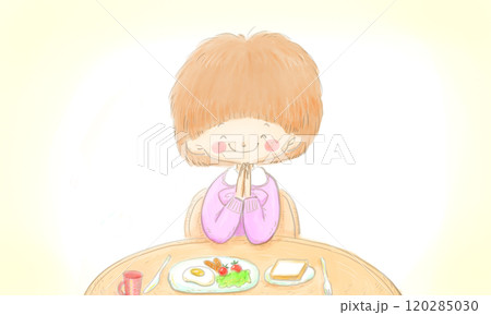 手を合わせて食事の挨拶をする女の子　朝食　洋食　モーニング 120285030