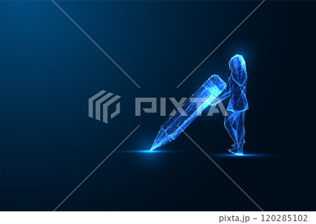 Empowering creativity concept with woman silhouette holding oversized pencil on blue background. Empowering creativity concept with woman silhouette holding oversized pencil on blue background. 120285102