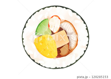 7種の具材の恵方巻 (えび,鰻,きゅうり,卵,高野豆腐,椎茸,かんぴょう)　水彩タッチ 120285153