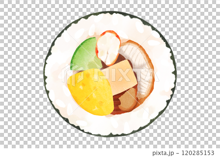 7種の具材の恵方巻 (えび,鰻,きゅうり,卵,高野豆腐,椎茸,かんぴょう)　水彩タッチ 120285153