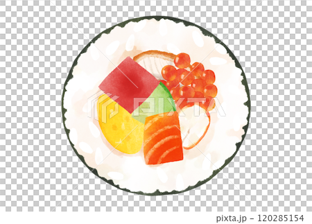 Seafood thick roll with 7 kinds of ingredients (shrimp, eel, cucumber, egg, salmon, tuna, salmon roe) Watercolor touch Seafood thick roll with 7 kinds of ingredients (shrimp, eel, cucumber, egg, salmon, tuna, salmon roe) Watercolor touch 120285154