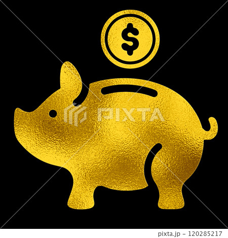 豚の貯金箱とコインのゴールドのピクトグラムイラスト　黒背景の切り抜き 120285217