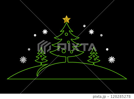 雪が降るクリスマスツリーの丘のネオン風の線画イラスト 黒背景の切り抜き 雪が降るクリスマスツリーの丘のネオン風の線画イラスト 黒背景の切り抜き 120285278