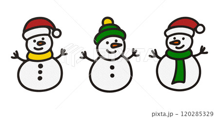 かわいい雪だるま3体のワッペン風カラーイラスト 透過背景の切り抜き かわいい雪だるま3体のワッペン風カラーイラスト 透過背景の切り抜き 120285329