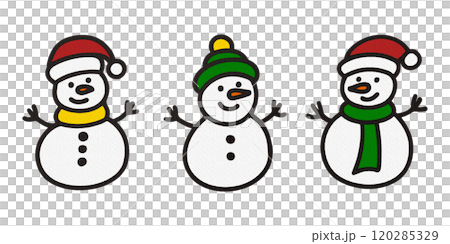 かわいい雪だるま3体のワッペン風カラーイラスト 透過背景の切り抜き かわいい雪だるま3体のワッペン風カラーイラスト 透過背景の切り抜き 120285329