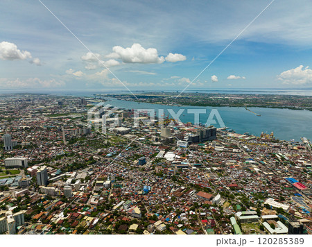 Aerial drone of Cebu city with port, modern buildings and business districts. Philippines. 120285389