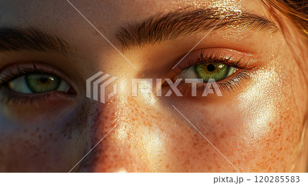 鮮やかなヘーゼル色の目の極端なクローズアップマクロショット 鮮やかなヘーゼル色の目の極端なクローズアップマクロショット 120285583
