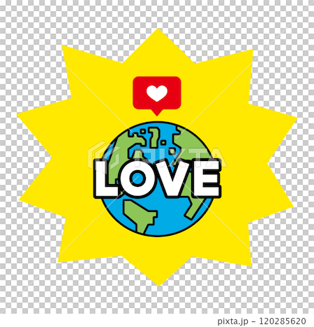 Illustration of the Earth with the word LOVE and a like mark 120285620