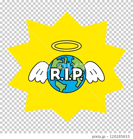 Illustration of the earth with the letters R.I.P. and an angel halo and wings 120285633