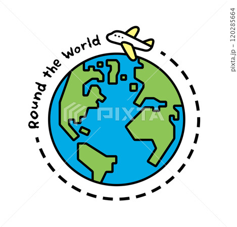 Round the Worldの文字と、飛行機と地球のイラスト 120285664