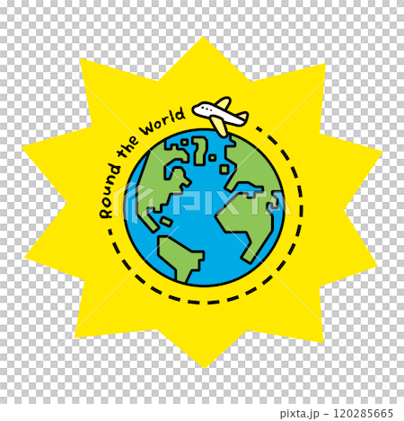 Round the World lettering and illustration of an airplane and the earth Round the World lettering and illustration of an airplane and the earth 120285665