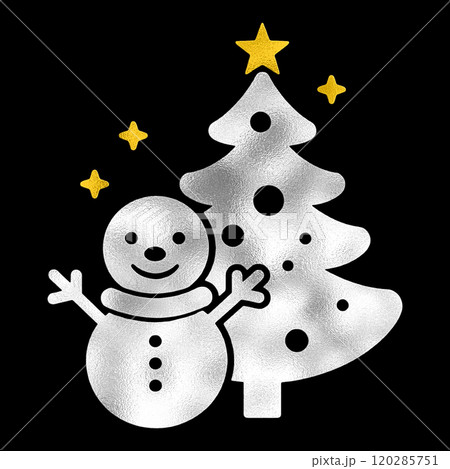 雪だるまとクリスマスツリーのシルバーとゴールドの切り絵風イラスト　黒背景の切り抜き 120285751