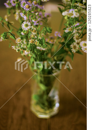 glass vase with field dried flowers on wood table . High quality photo 120285823