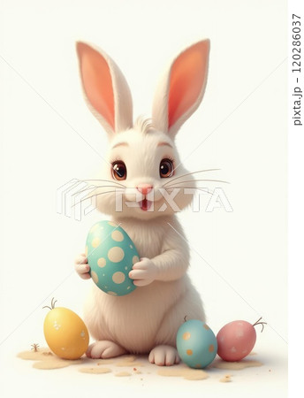 Happy easter wallpaper with cartoon bunny holding an easter eggs and flowers around Happy easter wallpaper with cartoon bunny holding an easter eggs and flowers around 120286037