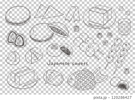 Hand-drawn illustration set related to Japanese sweets (monochrome) 120286427