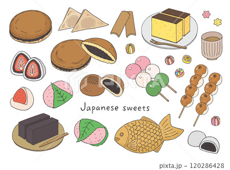 和菓子にまつわる手描きイラストセット（カラー） 120286428