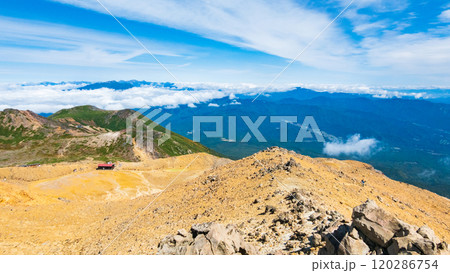 秋の御嶽山登山：剣ヶ峰から二ノ池・継子岳方面の眺め 120286754