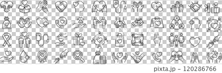 ベクターでモノクロのチャリティに関する線画アイコンセット 120286766