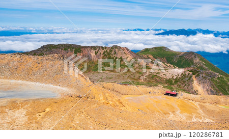 秋の御嶽山登山：剣ヶ峰から二ノ池・摩利支天山・継子岳方面の眺め 120286781