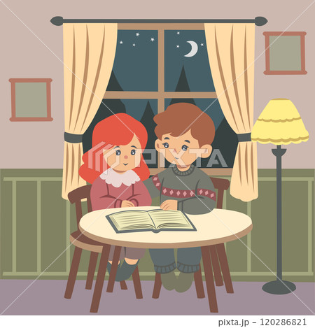 Little children reading a book by the window at night 120286821